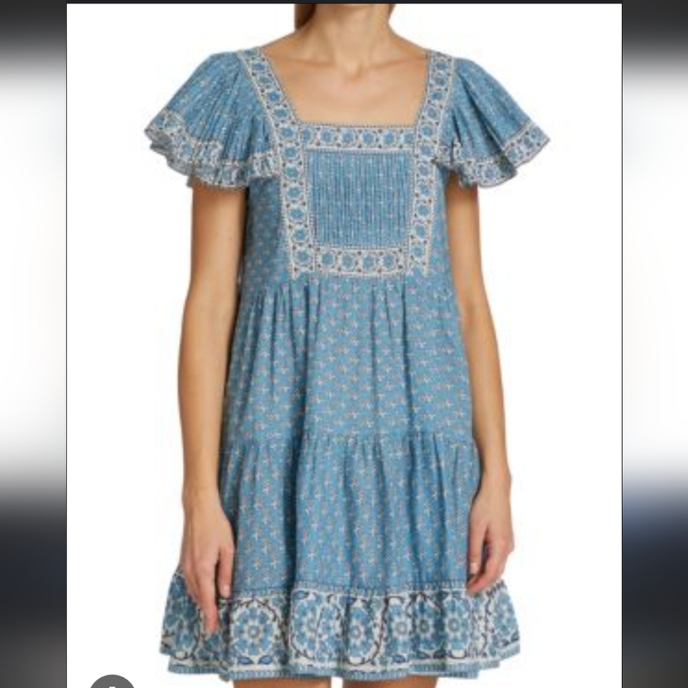 Sea New York Fernanda Tile Print Flutter Sleeve Blue Mini Dress, Large